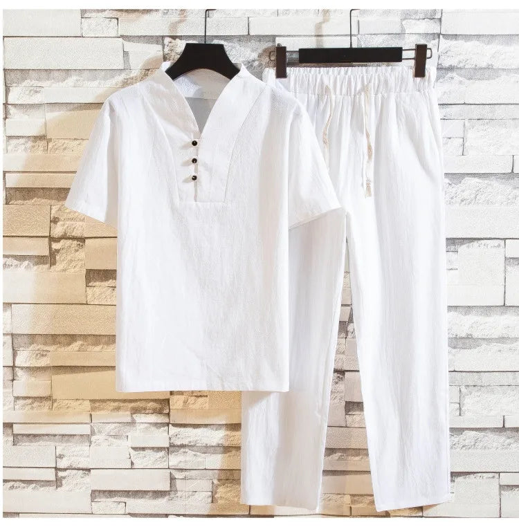 (Camisa + pantalones) Camisa de verano para hombre, camisas de algodón para hombre, camisas casuales de manga corta para hombre, conjunto de ropa talla M-5XL
