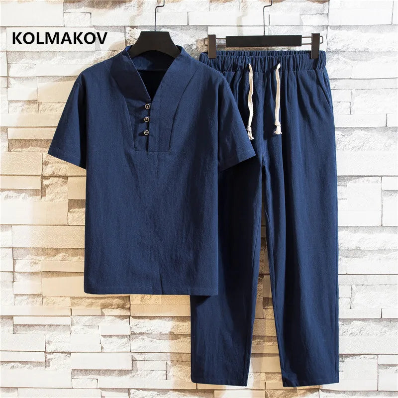 (Camisa + pantalones) Camisa de verano para hombre, camisas de algodón para hombre, camisas casuales de manga corta para hombre, conjunto de ropa talla M-5XL