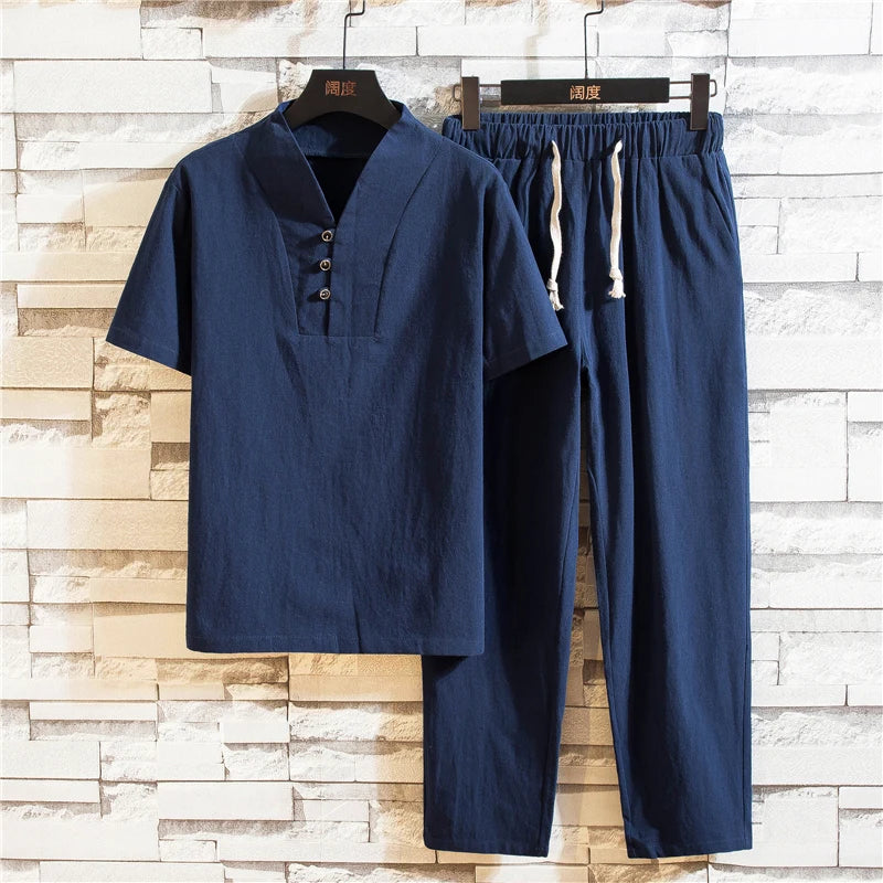 (Camisa + pantalones) Camisa de verano para hombre, camisas de algodón para hombre, camisas casuales de manga corta para hombre, conjunto de ropa talla M-5XL