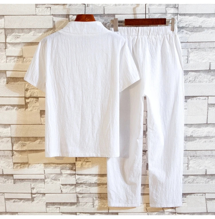 (Camisa + pantalones) Camisa de verano para hombre, camisas de algodón para hombre, camisas casuales de manga corta para hombre, conjunto de ropa talla M-5XL
