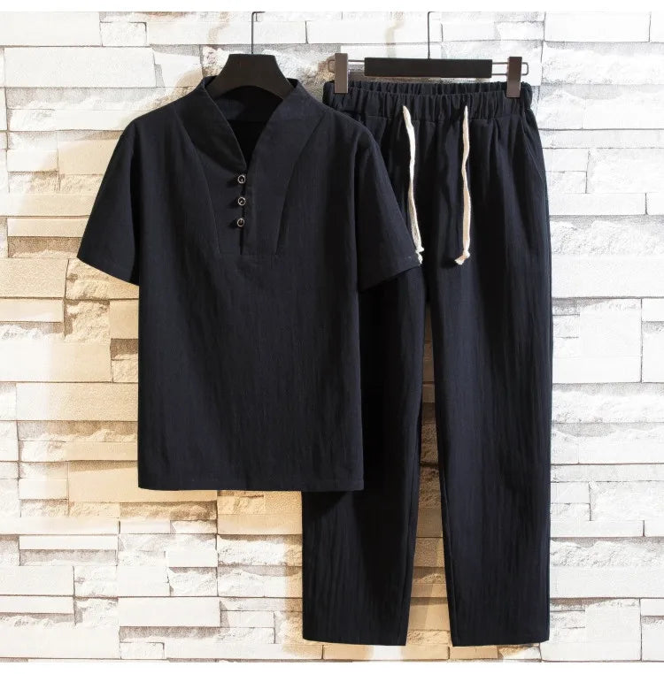 (Camisa + pantalones) Camisa de verano para hombre, camisas de algodón para hombre, camisas casuales de manga corta para hombre, conjunto de ropa talla M-5XL