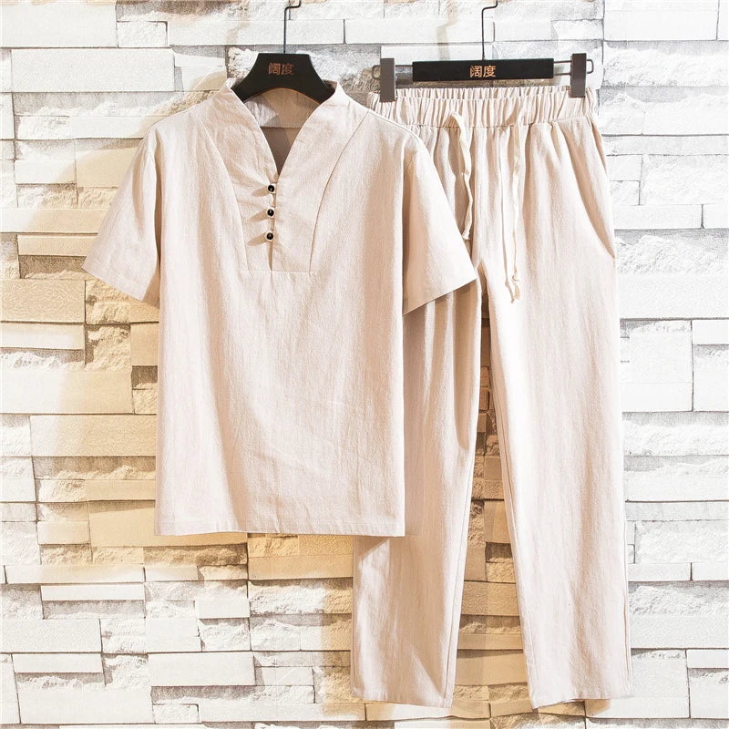 (Camisa + pantalones) Camisa de verano para hombre, camisas de algodón para hombre, camisas casuales de manga corta para hombre, conjunto de ropa talla M-5XL