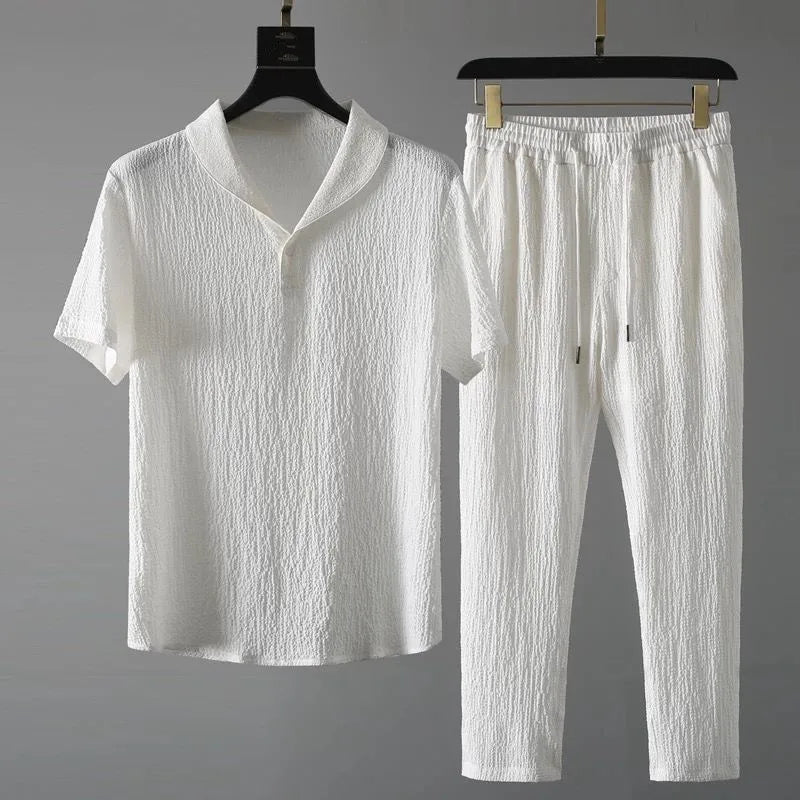 Conjuntos de verano para hombre, traje deportivo fino a la moda, camiseta de Color sólido y pantalones de longitud completa, ropa de calle informal para correr