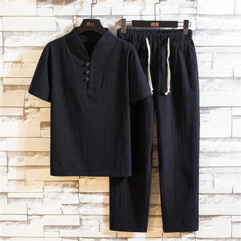 (Camisa + pantalones) Camisa de verano para hombre, camisas de algodón para hombre, camisas casuales de manga corta para hombre, conjunto de ropa talla M-5XL
