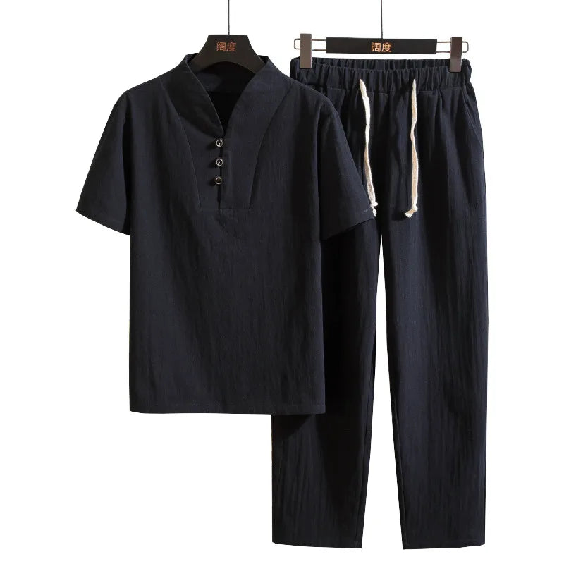 (Camisa + pantalones) Camisa de verano para hombre, camisas de algodón para hombre, camisas casuales de manga corta para hombre, conjunto de ropa talla M-5XL