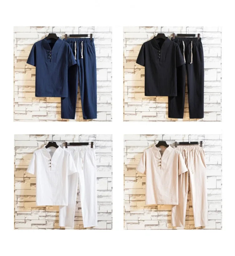 (Camisa + pantalones) Camisa de verano para hombre, camisas de algodón para hombre, camisas casuales de manga corta para hombre, conjunto de ropa talla M-5XL