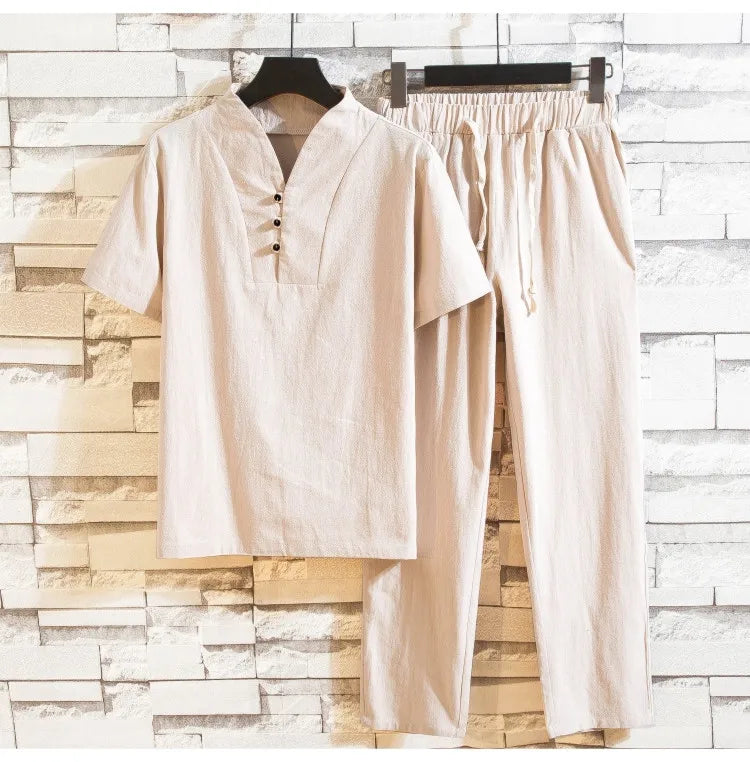 (Camisa + pantalones) Camisa de verano para hombre, camisas de algodón para hombre, camisas casuales de manga corta para hombre, conjunto de ropa talla M-5XL