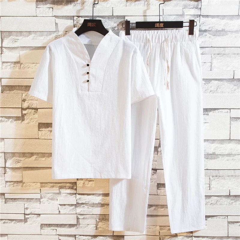 (Camisa + pantalones) Camisa de verano para hombre, camisas de algodón para hombre, camisas casuales de manga corta para hombre, conjunto de ropa talla M-5XL