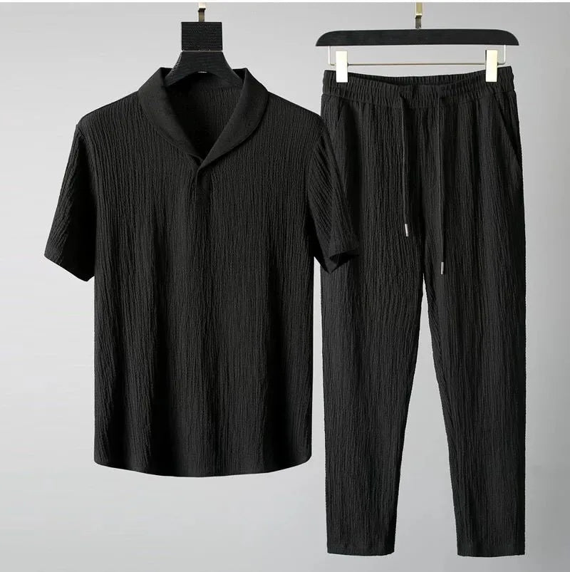 Conjuntos de verano para hombre, traje deportivo fino a la moda, camiseta de Color sólido y pantalones de longitud completa, ropa de calle informal para correr