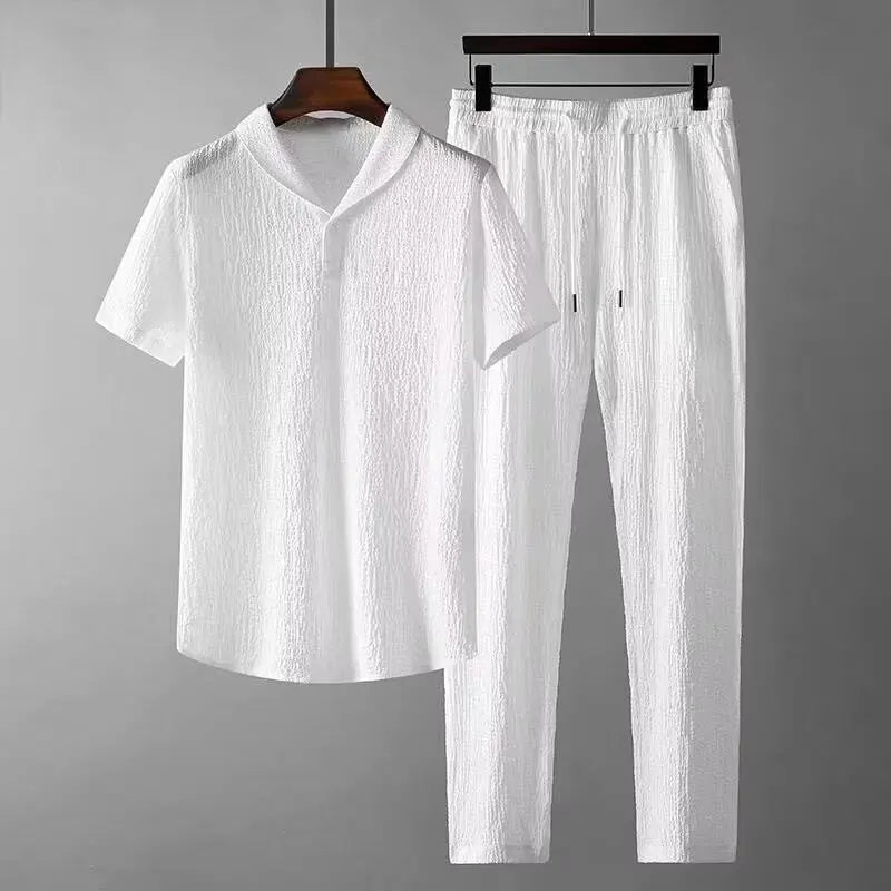 Conjuntos de verano para hombre, traje deportivo fino a la moda, camiseta de Color sólido y pantalones de longitud completa, ropa de calle informal para correr