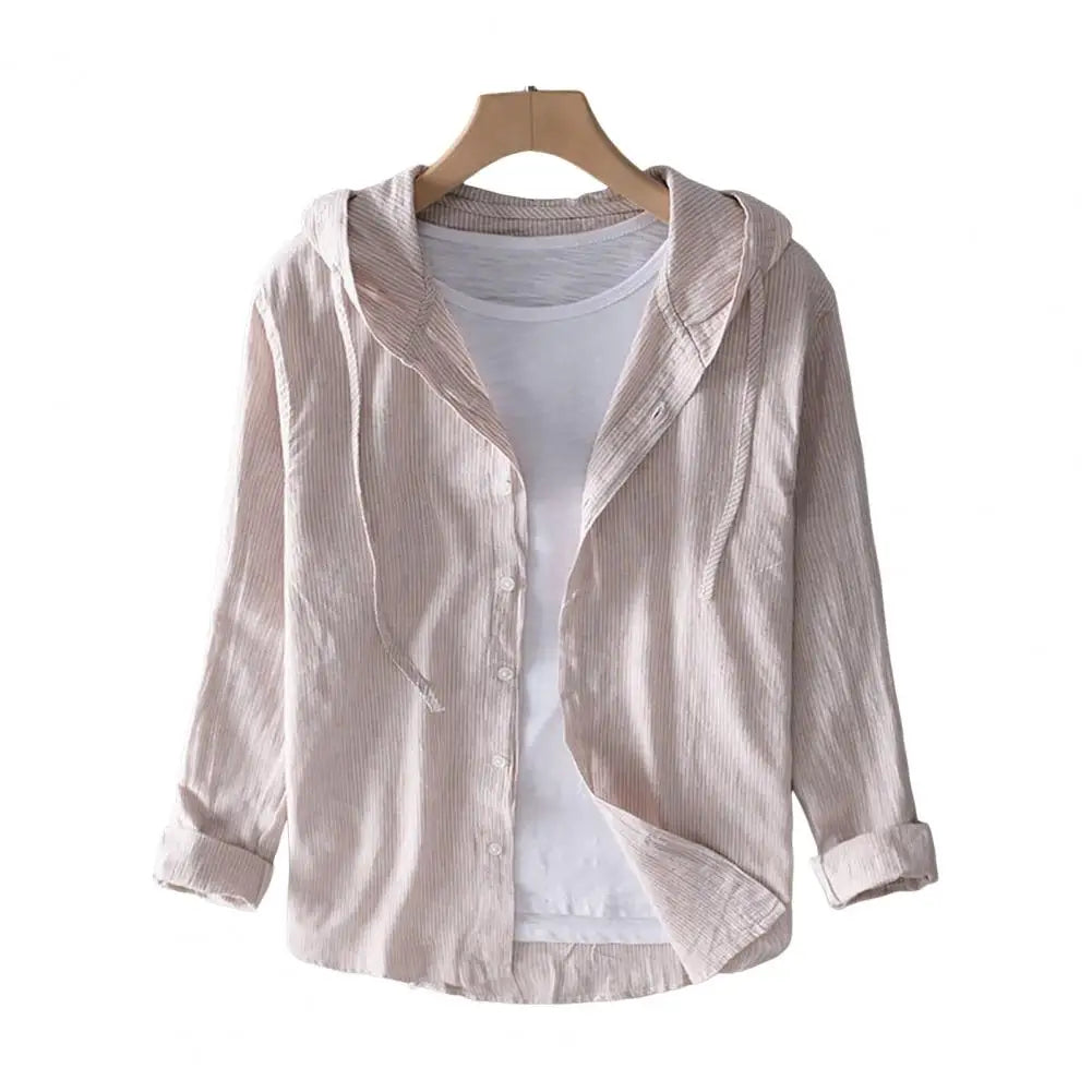 Camisa de verano para hombre, con protección solar UV, manga larga, con capucha, cordón ajustable, abotonadura sencilla, suave, holgada, transpirable, tipo cárdigan.
