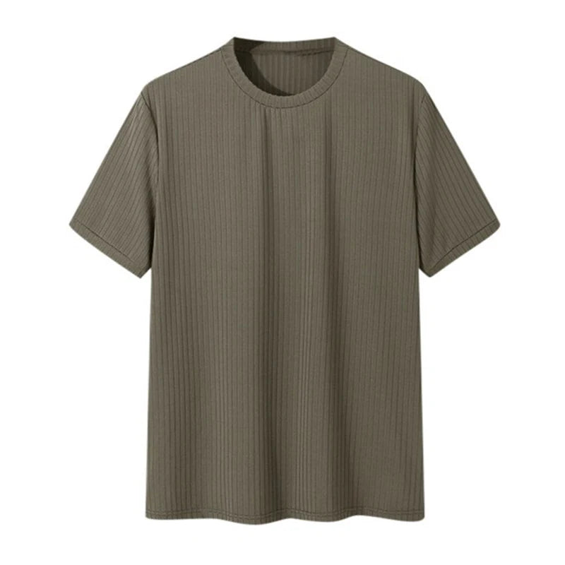 Ropa de verano para hombre, camiseta ligera de lujo, ocio, manga larga, cuello redondo, drapeado, Color sólido, camisa básica holgada, prendas de punto populares