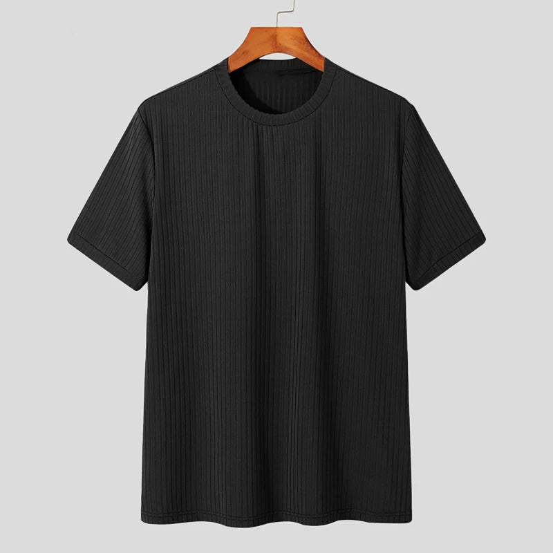 Ropa de verano para hombre, camiseta ligera de lujo, ocio, manga larga, cuello redondo, drapeado, Color sólido, camisa básica holgada, prendas de punto populares