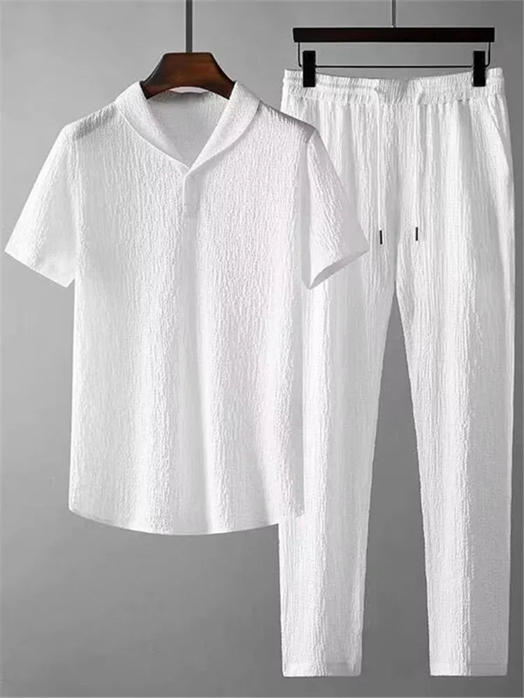 Conjuntos de verano para hombre, traje deportivo fino a la moda, camiseta de Color sólido y pantalones de longitud completa, ropa de calle informal para correr