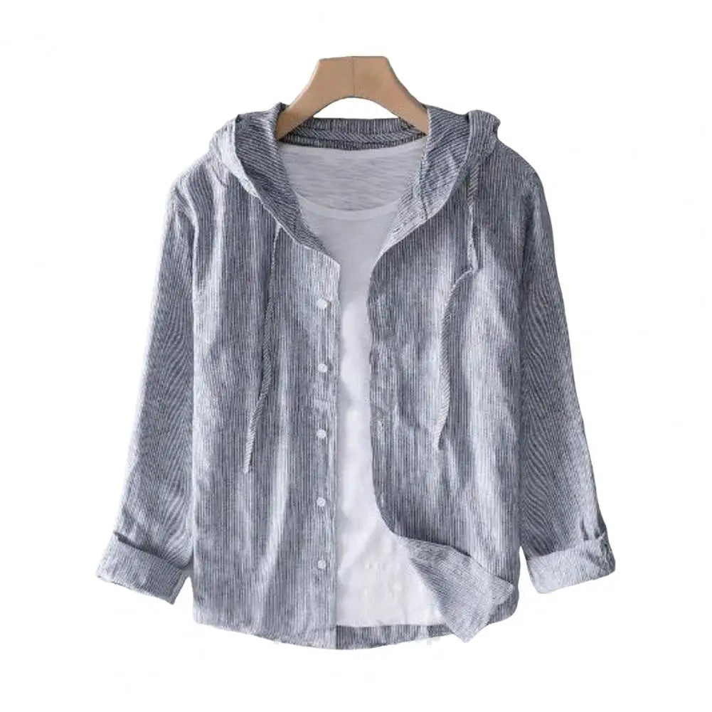 Camisa de verano para hombre, con protección solar UV, manga larga, con capucha, cordón ajustable, abotonadura sencilla, suave, holgada, transpirable, tipo cárdigan.