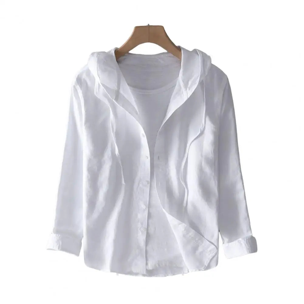 Camisa de verano para hombre, con protección solar UV, manga larga, con capucha, cordón ajustable, abotonadura sencilla, suave, holgada, transpirable, tipo cárdigan.