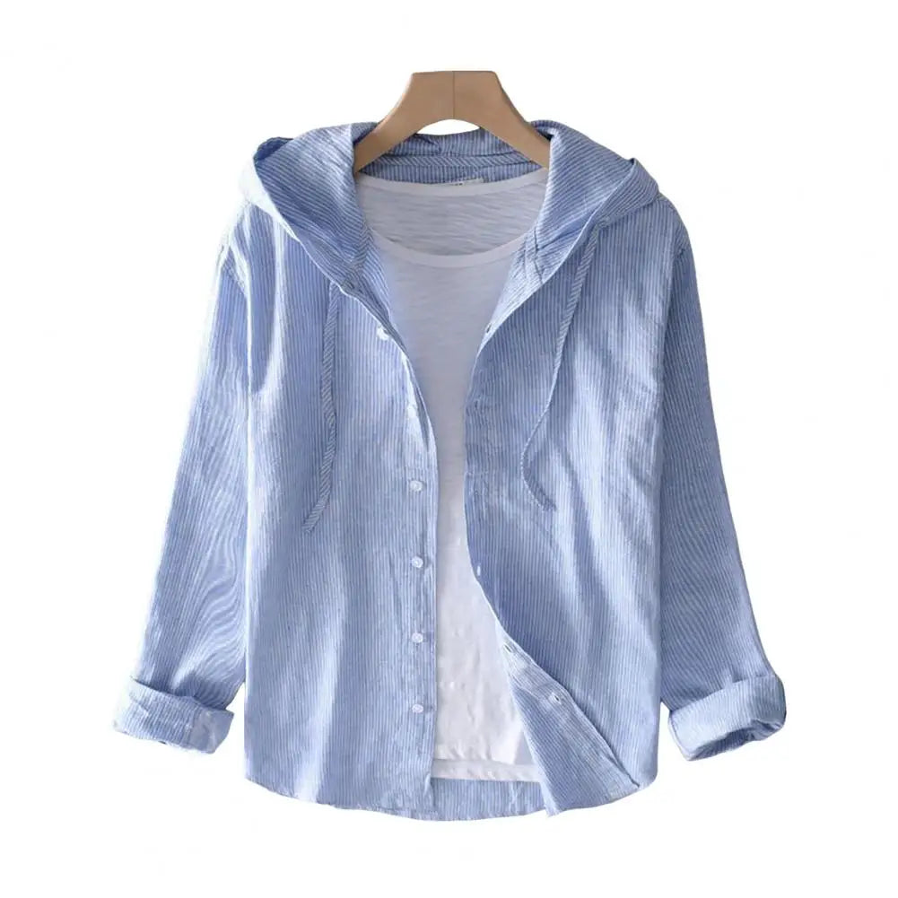 Camisa de verano para hombre, con protección solar UV, manga larga, con capucha, cordón ajustable, abotonadura sencilla, suave, holgada, transpirable, tipo cárdigan.