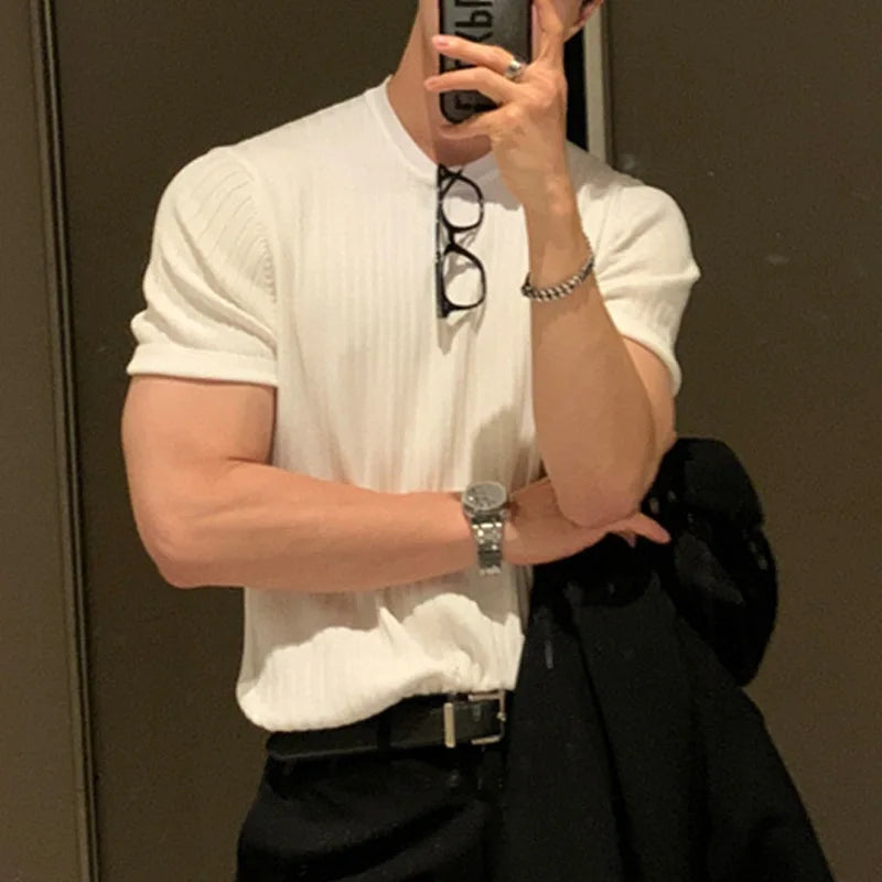 Ropa de verano para hombre, camiseta ligera de lujo, ocio, manga larga, cuello redondo, drapeado, Color sólido, camisa básica holgada, prendas de punto populares