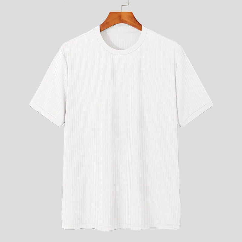Ropa de verano para hombre, camiseta ligera de lujo, ocio, manga larga, cuello redondo, drapeado, Color sólido, camisa básica holgada, prendas de punto populares