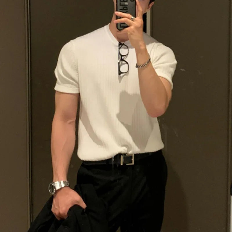 Ropa de verano para hombre, camiseta ligera de lujo, ocio, manga larga, cuello redondo, drapeado, Color sólido, camisa básica holgada, prendas de punto populares