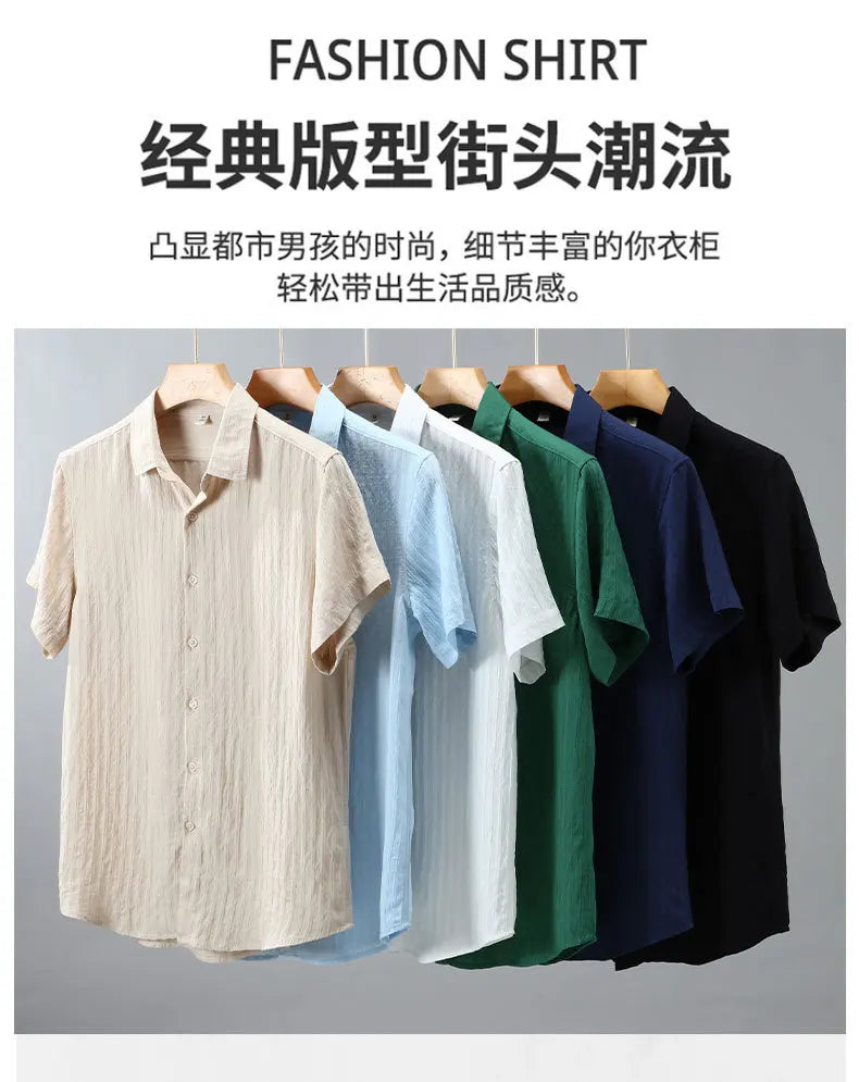 En verano, ropa de protección solar para hombres, camisa de color sólido, mangas cortas transpirables de algodón suelto informal y versátil