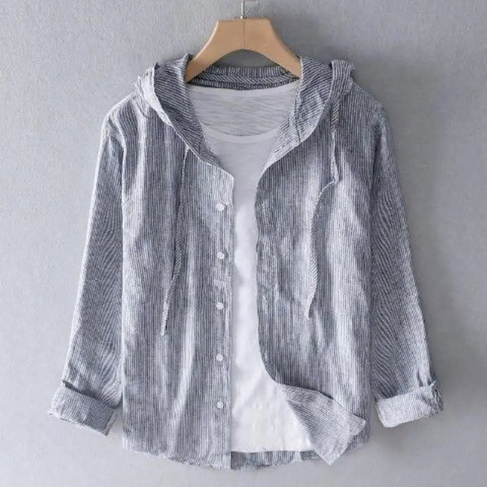 Camisa de verano para hombre, con protección solar UV, manga larga, con capucha, cordón ajustable, abotonadura sencilla, suave, holgada, transpirable, tipo cárdigan.