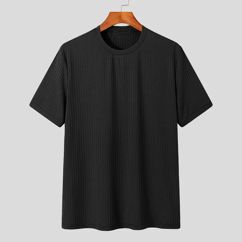 Ropa de verano para hombre, camiseta ligera de lujo, ocio, manga larga, cuello redondo, drapeado, Color sólido, camisa básica holgada, prendas de punto populares
