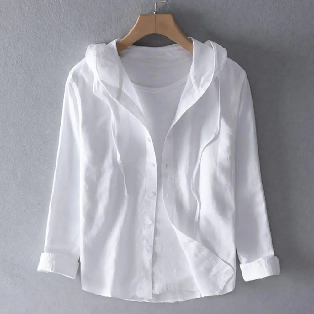 Camisa de verano para hombre, con protección solar UV, manga larga, con capucha, cordón ajustable, abotonadura sencilla, suave, holgada, transpirable, tipo cárdigan.